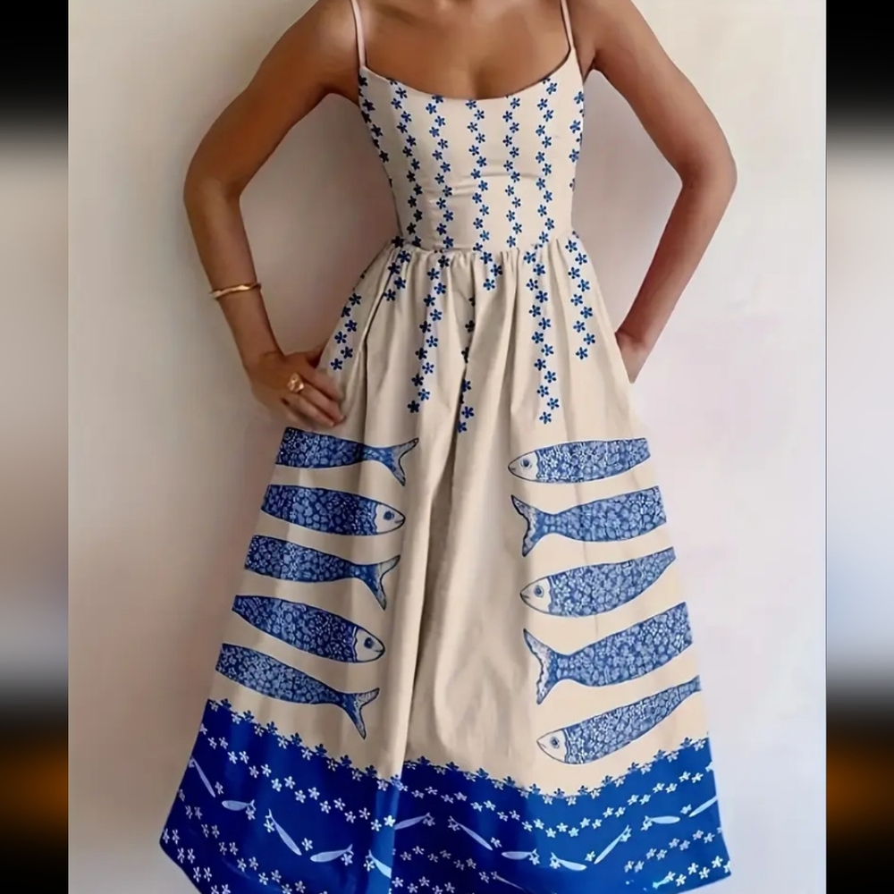 Cream and Blue Fish-Print Midi Dress